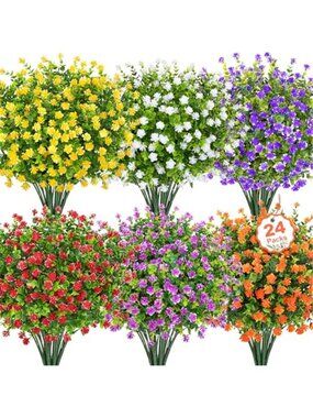 24 Pack Fake Outdoor Flowers UV Resistant Faux Plants Porch Garden Planter Set